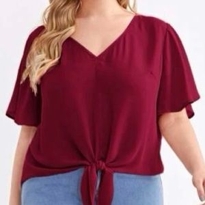 NEW Burgundy Butterfly Sleeve Knot Hem Top